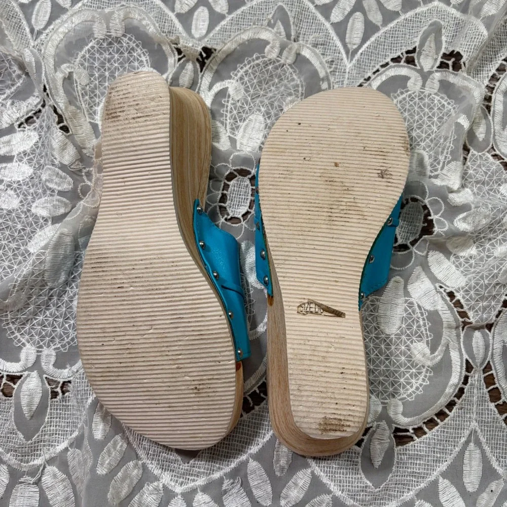 Vintage Y2K Teal Blue Beaded Wooden Platform Wedge Slide SandalsL 9-10